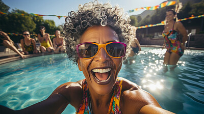 Buy stock photo Selfie of excited senior woman in pool. Pensioner on vacation.