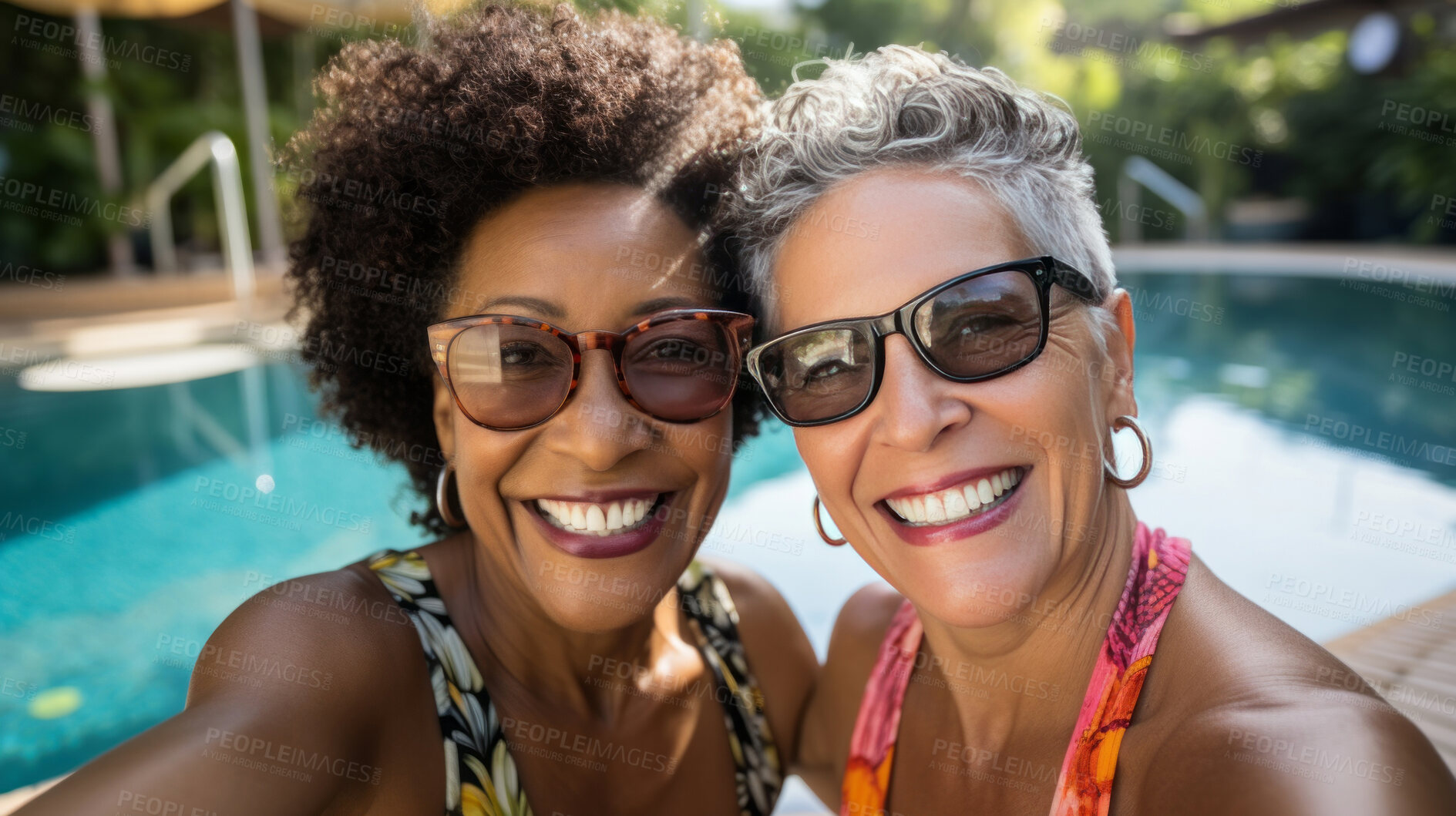 Buy stock photo Group selfie of senior women at poolside. Happy seniors on vacation.