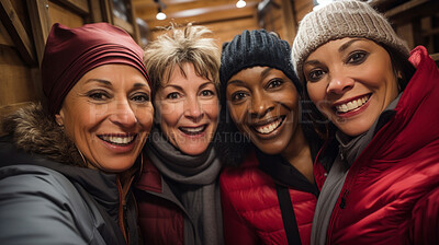 Group selfie of senior women in cabin. Happy seniors on vacation in winter.