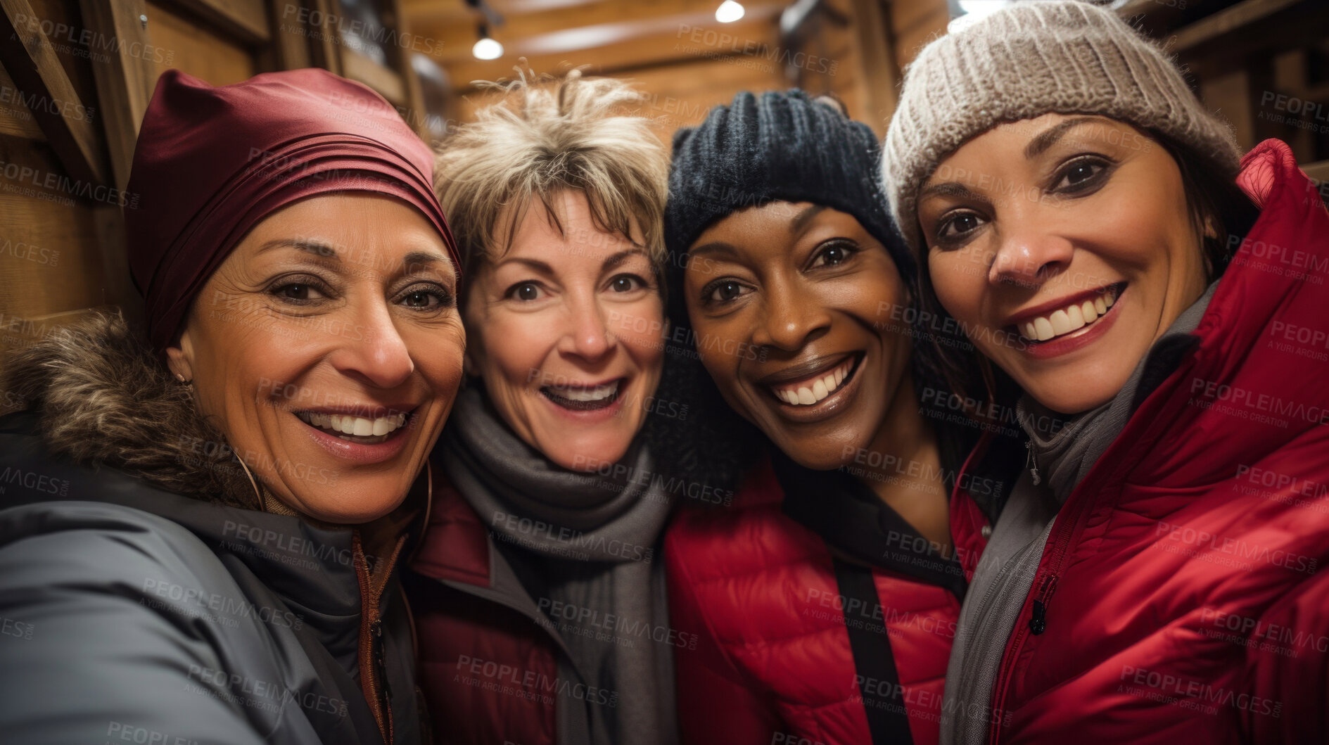 Buy stock photo Group selfie of senior women in cabin. Happy seniors on vacation in winter.