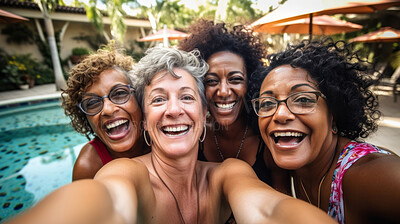 Buy stock photo Group selfie of senior women in  pool. Happy seniors on vacation.