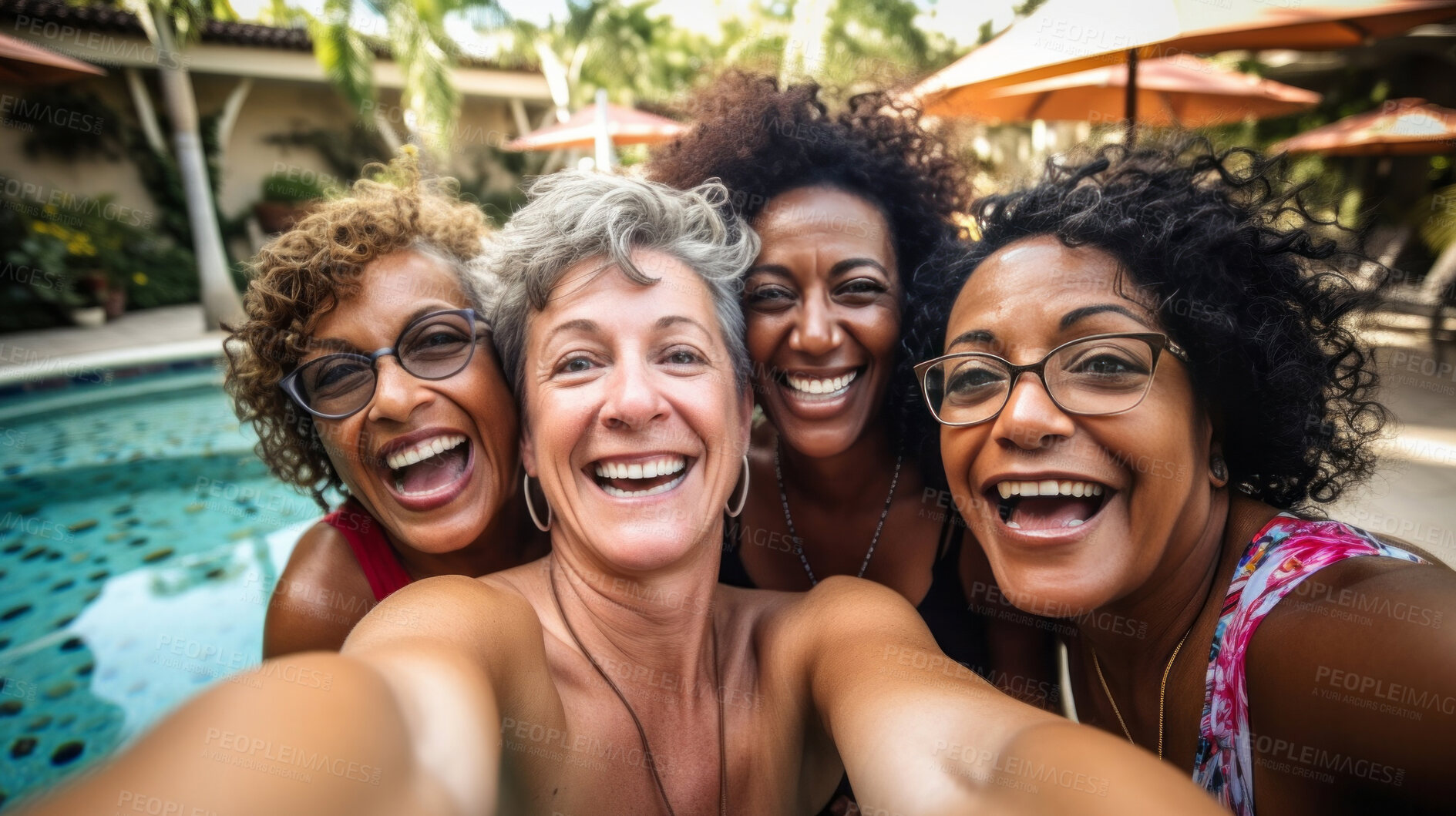 Buy stock photo Group selfie of senior women in  pool. Happy seniors on vacation.