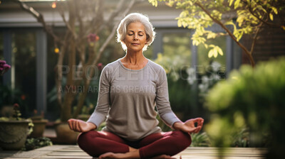 Senior woman doing yoga in garden. Peaceful meditation.