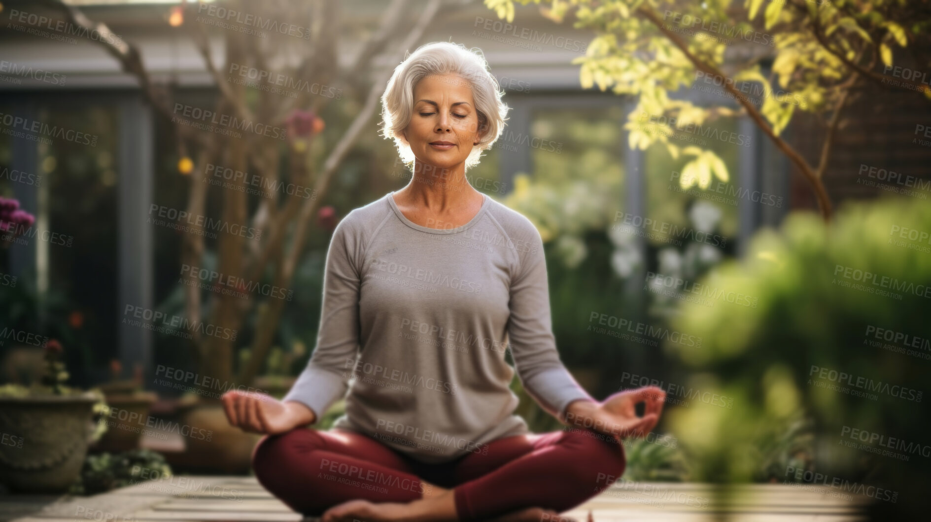 Buy stock photo Senior woman doing yoga in garden. Peaceful meditation.