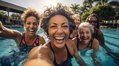 Buy stock photo Group selfie of senior women in  pool. Happy seniors on vacation.