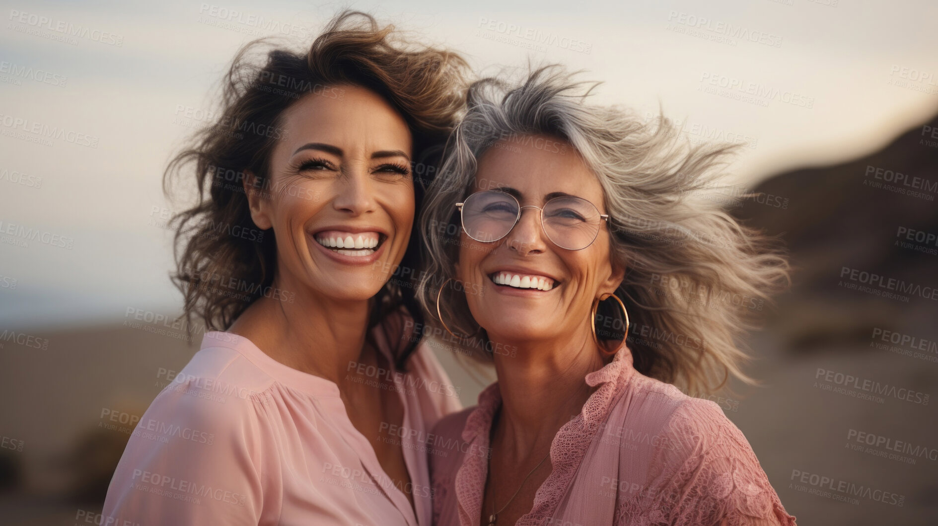 Buy stock photo Happy senior friends posing on empty beach. Sunset, golden hour.