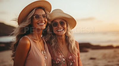 Happy senior, mature friends posing on empty beach. Sunset, golden hour.