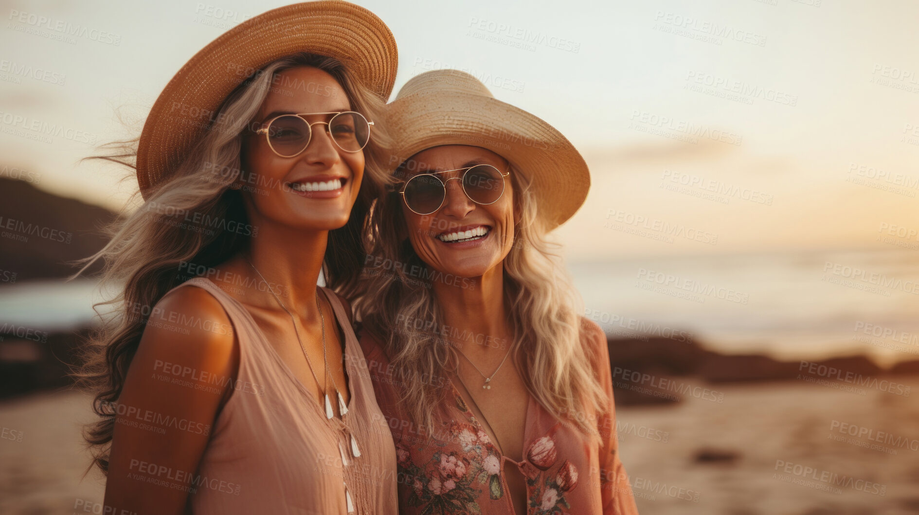 Buy stock photo Happy senior, mature friends posing on empty beach. Sunset, golden hour.