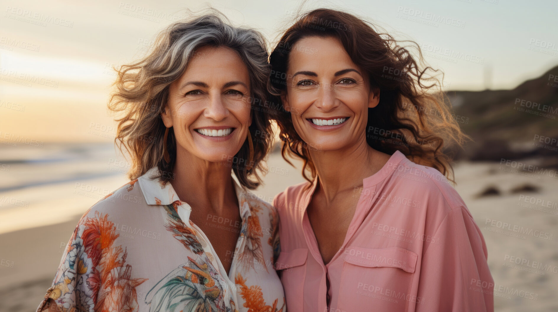 Buy stock photo Happy senior friends posing on empty beach. Sunset, golden hour.