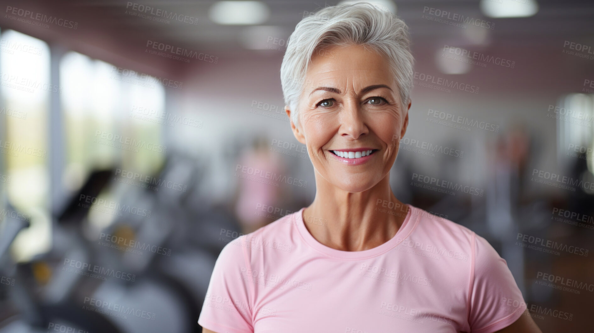 Buy stock photo Senior woman  posing in gym. Confident smile. Looking at camera.