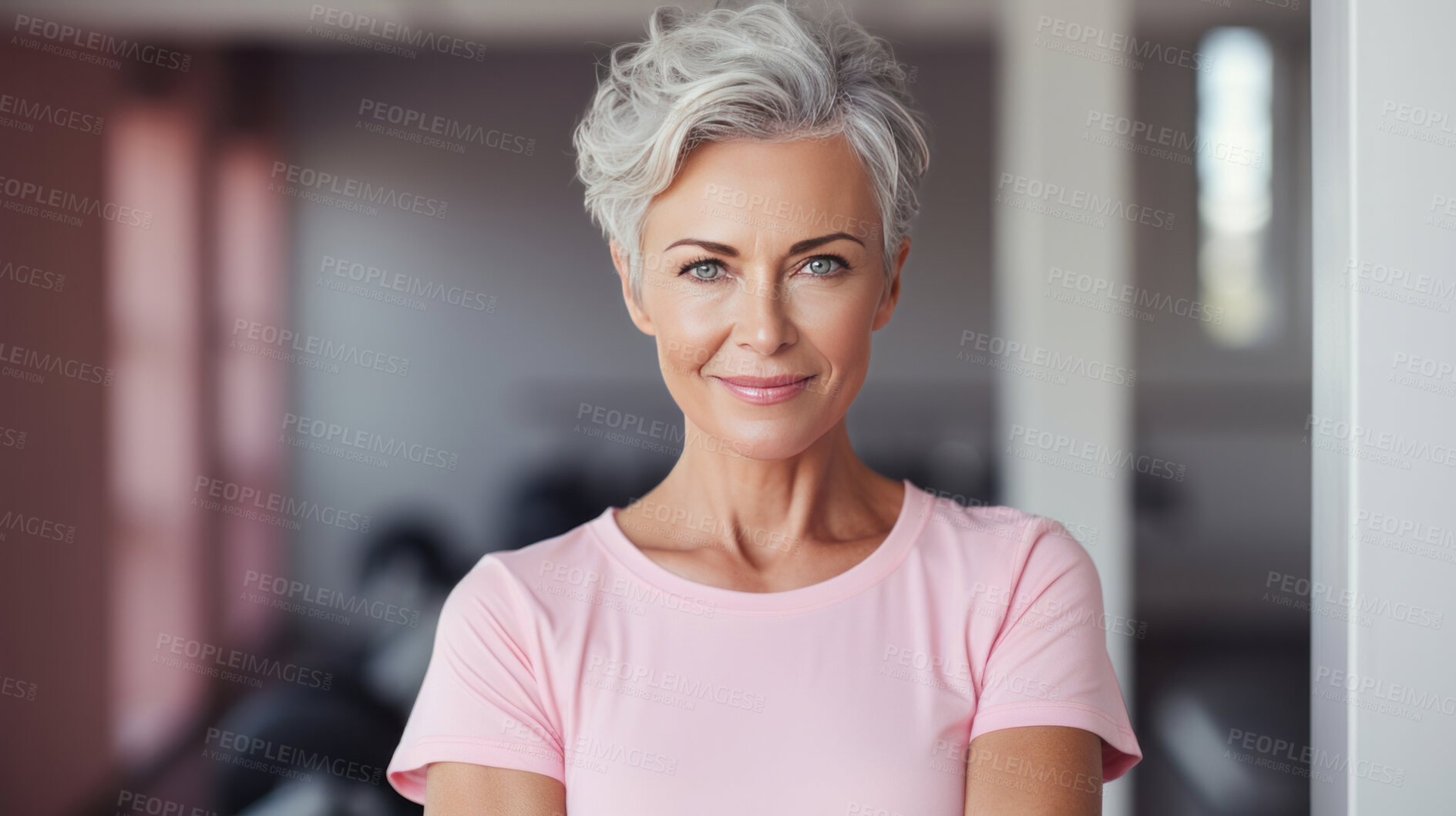 Buy stock photo Senior woman  posing in gym. Confident smile. Looking at camera.