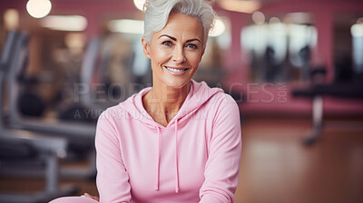 Buy stock photo Senior woman  posing in gym. Confident smile. Looking at camera.