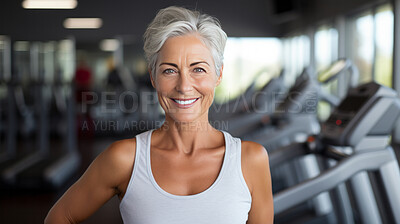 Buy stock photo Senior woman  posing in gym. Confident smile. Looking at camera.