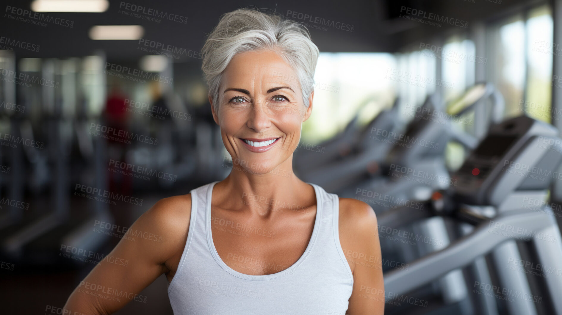 Buy stock photo Senior woman  posing in gym. Confident smile. Looking at camera.