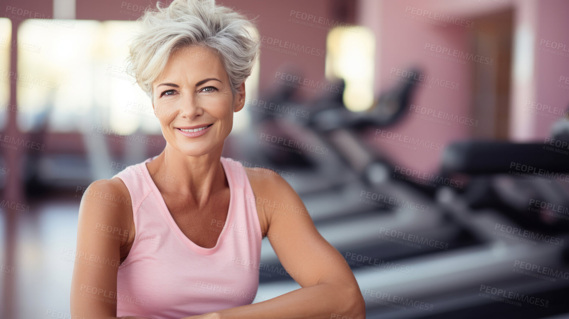 Buy stock photo Senior woman  posing in gym. Confident smile. Looking at camera.