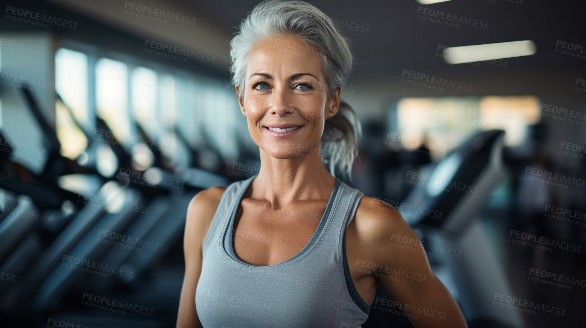 Buy stock photo Senior female posing in gym. Confident smile. Looking at camera.