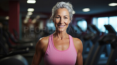 Buy stock photo Senior female posing in gym. Confident smile. Looking at camera.