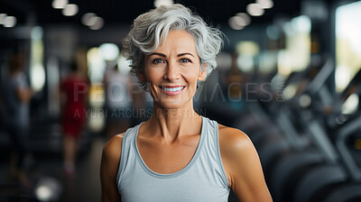 Buy stock photo Fit mature female posing in gym. Confident smile. Looking at camera.