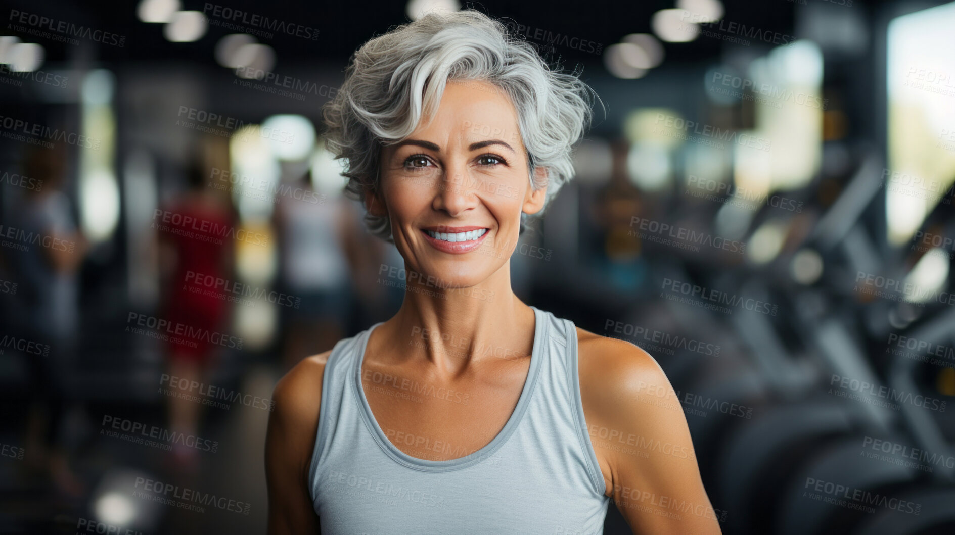 Buy stock photo Fit mature female posing in gym. Confident smile. Looking at camera.