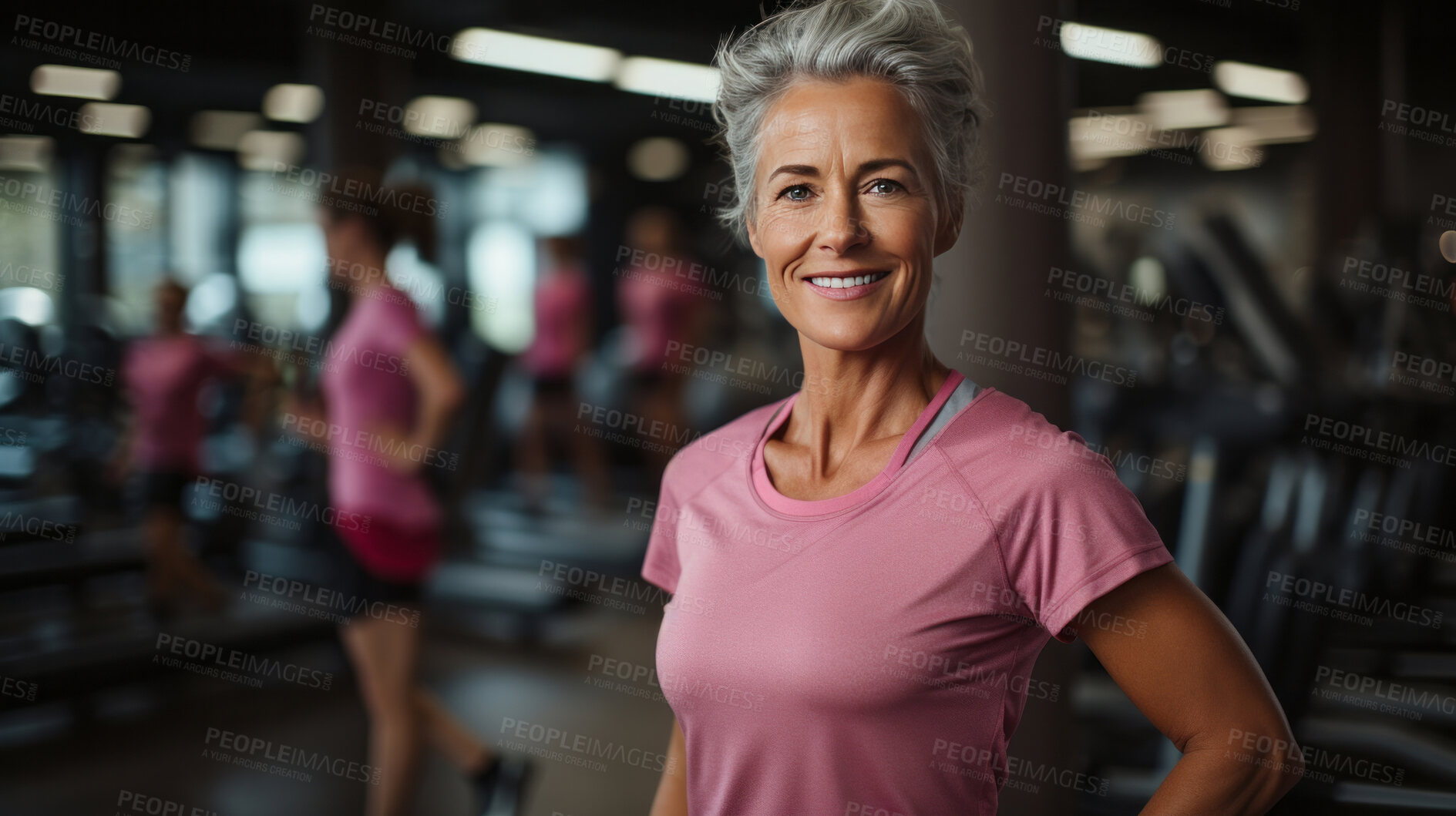 Buy stock photo Portrait of fit mature female in gym. Confident smile. Looking at camera.