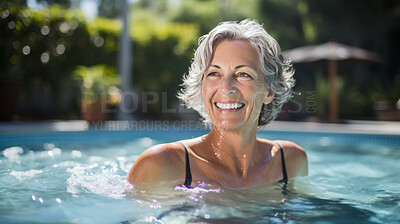 Buy stock photo Candid shot of happy senior woman in pool. Vacation concept.