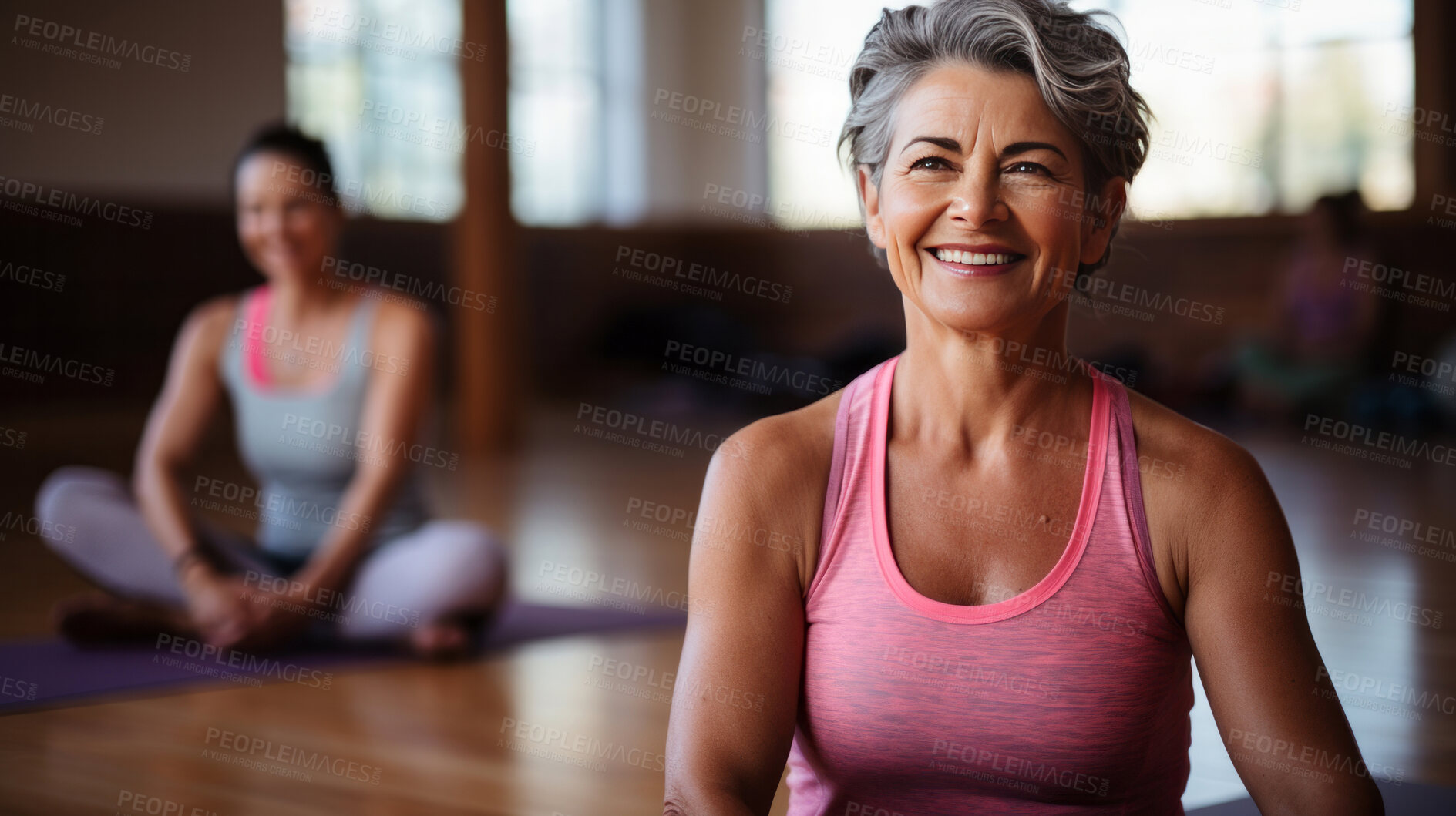 Buy stock photo Portrait of senior woman in yoga studio. Confident smile.