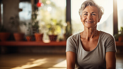 Buy stock photo Portrait of senior woman in yoga studio. Confident smile.