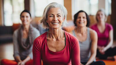 Buy stock photo Portrait of mature female with group in yoga studio. Confident smiles.