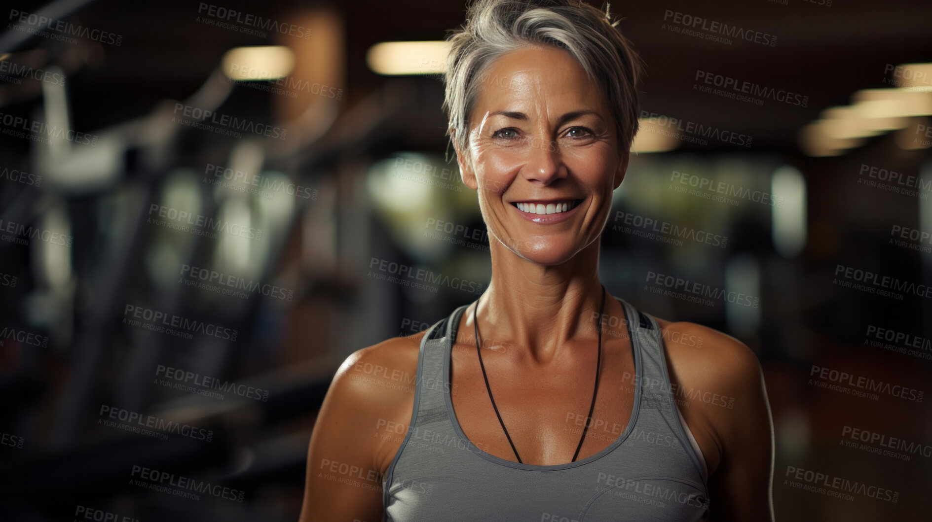 Buy stock photo Portrait of fit mature female in gym. Confident smile. Looking at camera.