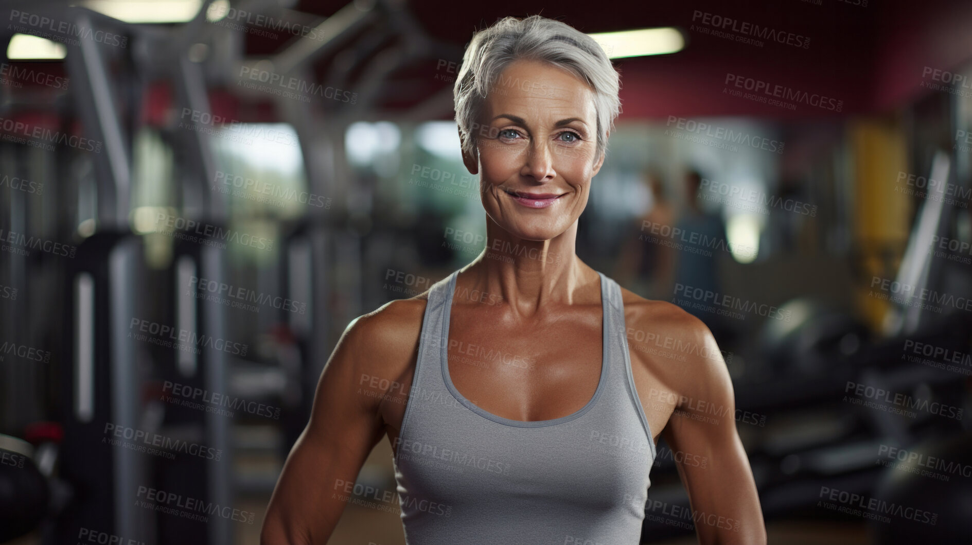 Buy stock photo Portrait of fit mature female in gym. Confident smile. Looking at camera.