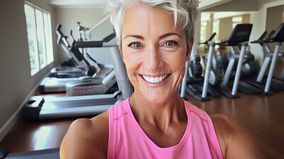 Buy stock photo Selfie of fit mature female in gym. Confident smile. Looking at camera.