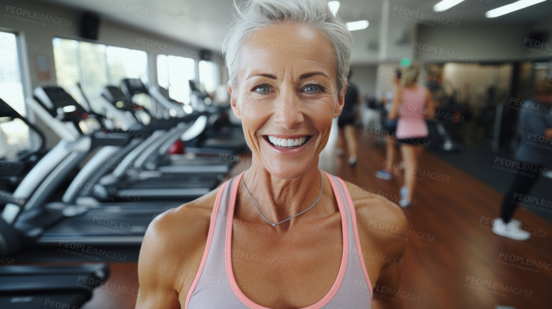 Buy stock photo Portrait of fit mature female in gym. Confident smile. Looking at camera.