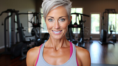 Buy stock photo Portrait of fit mature female in gym. Confident smile. Looking at camera.