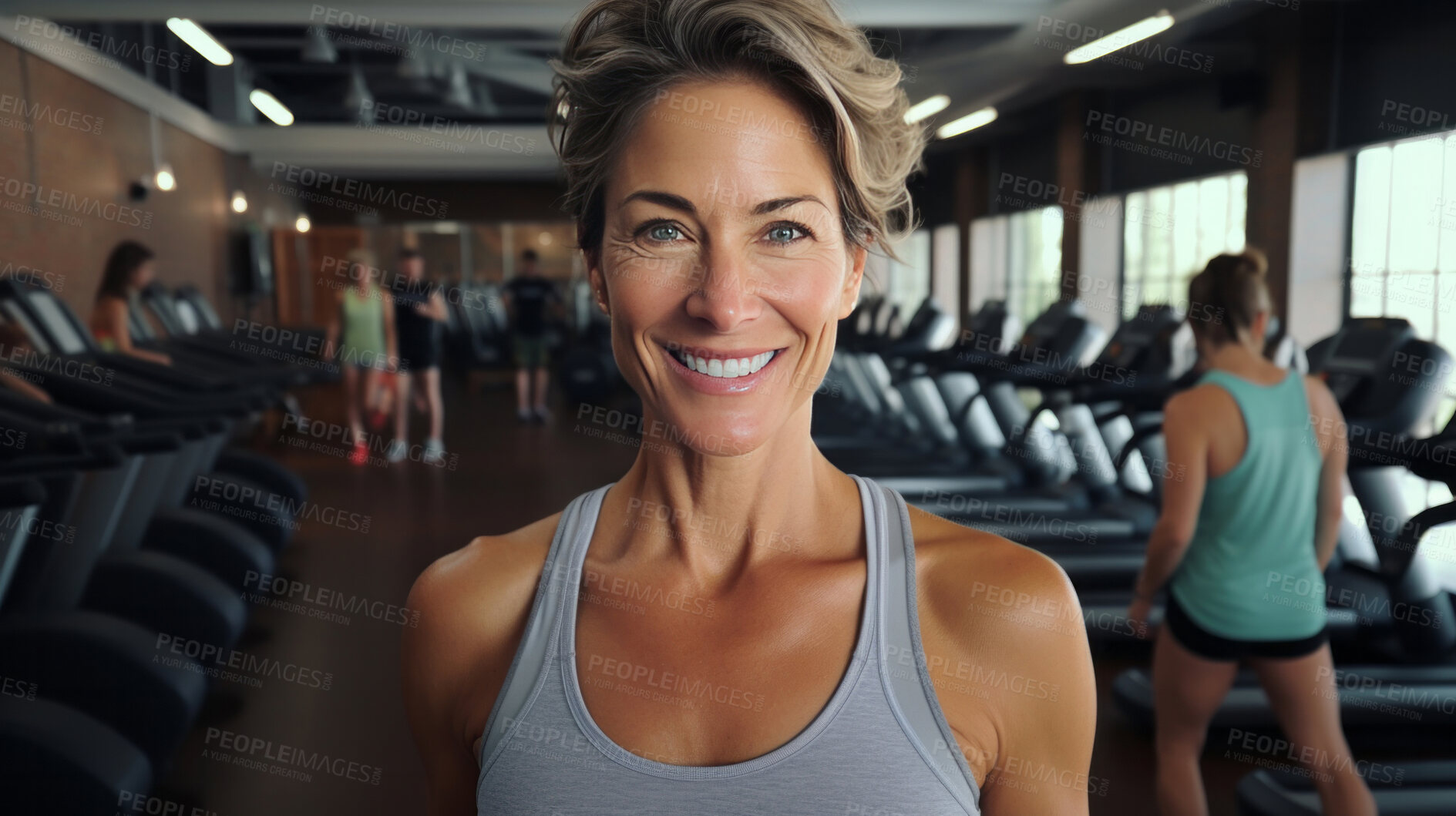 Buy stock photo Portrait of fit mature female in gym. Confident smile. Looking at camera.