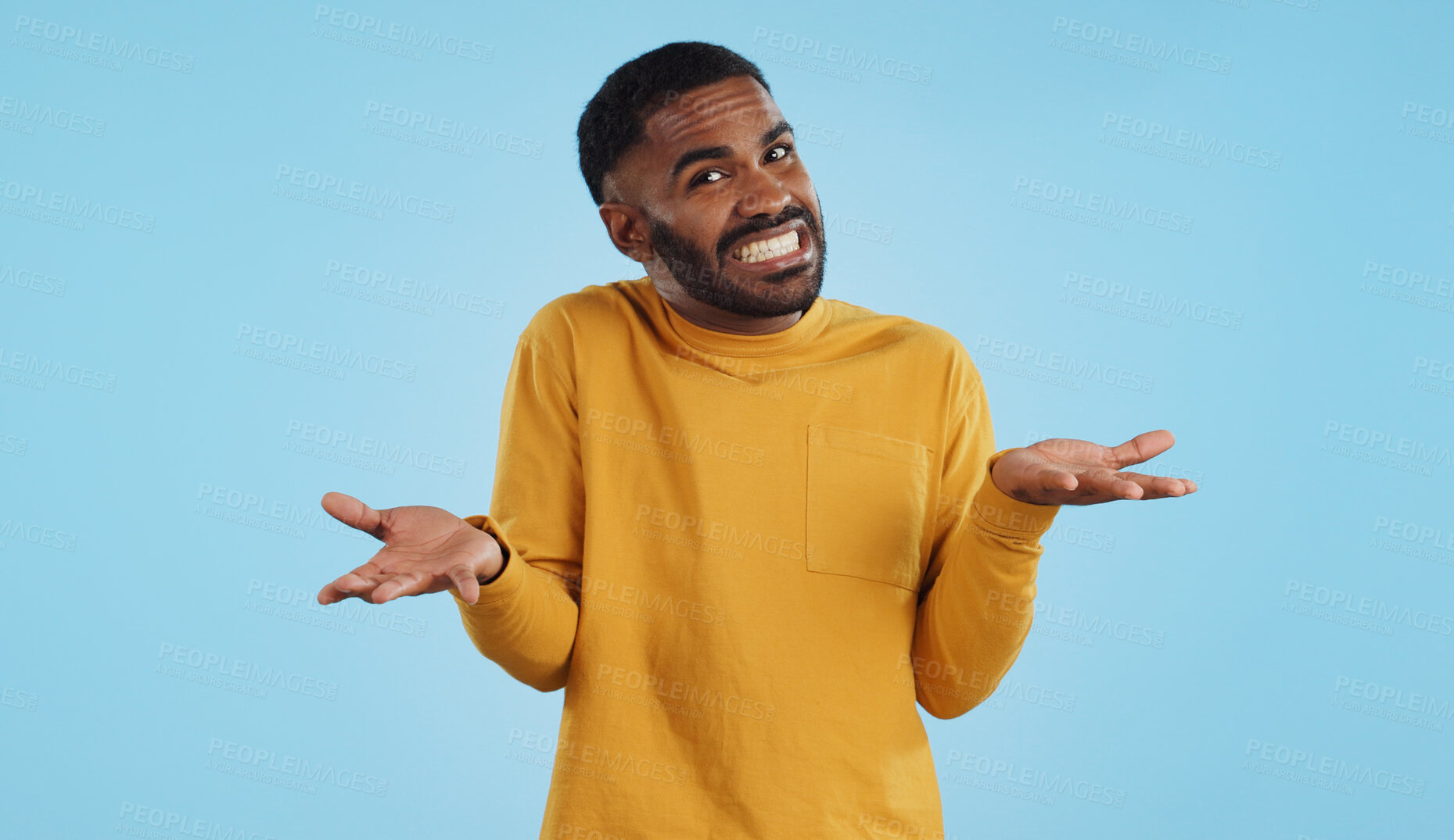 Buy stock photo Confused, hands and face of man in studio with don't know, gesture or ask on blue background. Why, portrait and guy model with oops, mistake or doubt, unsure or forget, guess or palm scale questions