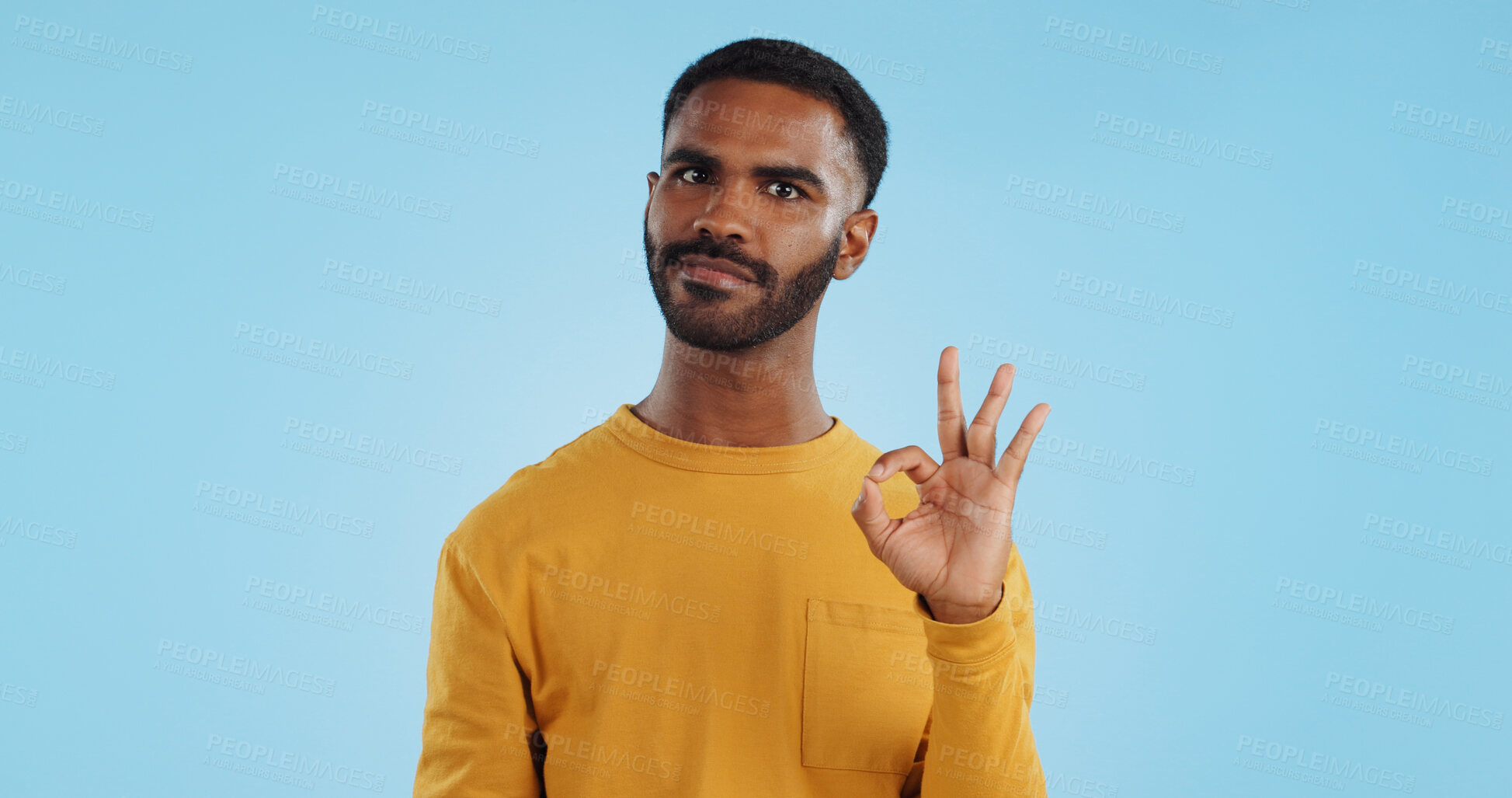 Buy stock photo Happy, face and man with perfect hands in studio for support, review or success, vote or agree on blue background. Smile, portrait and male model show ok, emoji or yes, thank you or feedback results