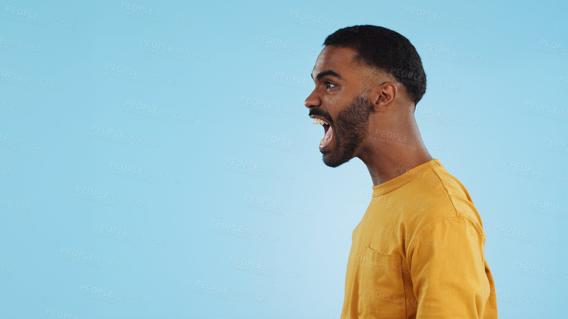 Buy stock photo Stress, angry and man shouting in studio with anxiety, frustrated or disaster on blue background. Mistake, fail and profile of guy model with screaming reaction to mental health crisis, fear or panic