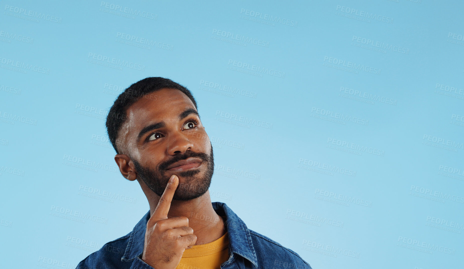 Buy stock photo Man, thinking and planning idea with decision and choice in studio on blue background and questions. Brainstorming, person and problem solving ideas or why with solution and remember on mock up space