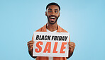 Black Friday sales poster, happy man or surprise ads commercial, discount promo banner or studio sign. Billboard, info or portrait person presentation, announcement or notification on blue background