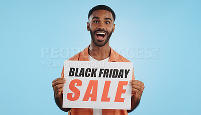 Buy stock photo Black Friday sales poster, happy man or surprise ads commercial, discount promo banner or studio sign. Billboard, info or portrait person presentation, announcement or notification on blue background