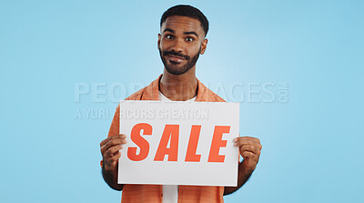 Studio sales poster, happy man and surprise ads commercial, discount promotion banner or notification sign. Billboard info, placard and ambassador presentation, choice or deal on blue background