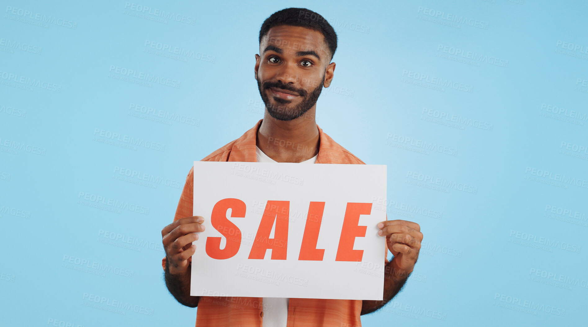 Buy stock photo Studio sales poster, happy man and surprise ads commercial, discount promotion banner or notification sign. Billboard info, placard and ambassador presentation, choice or deal on blue background