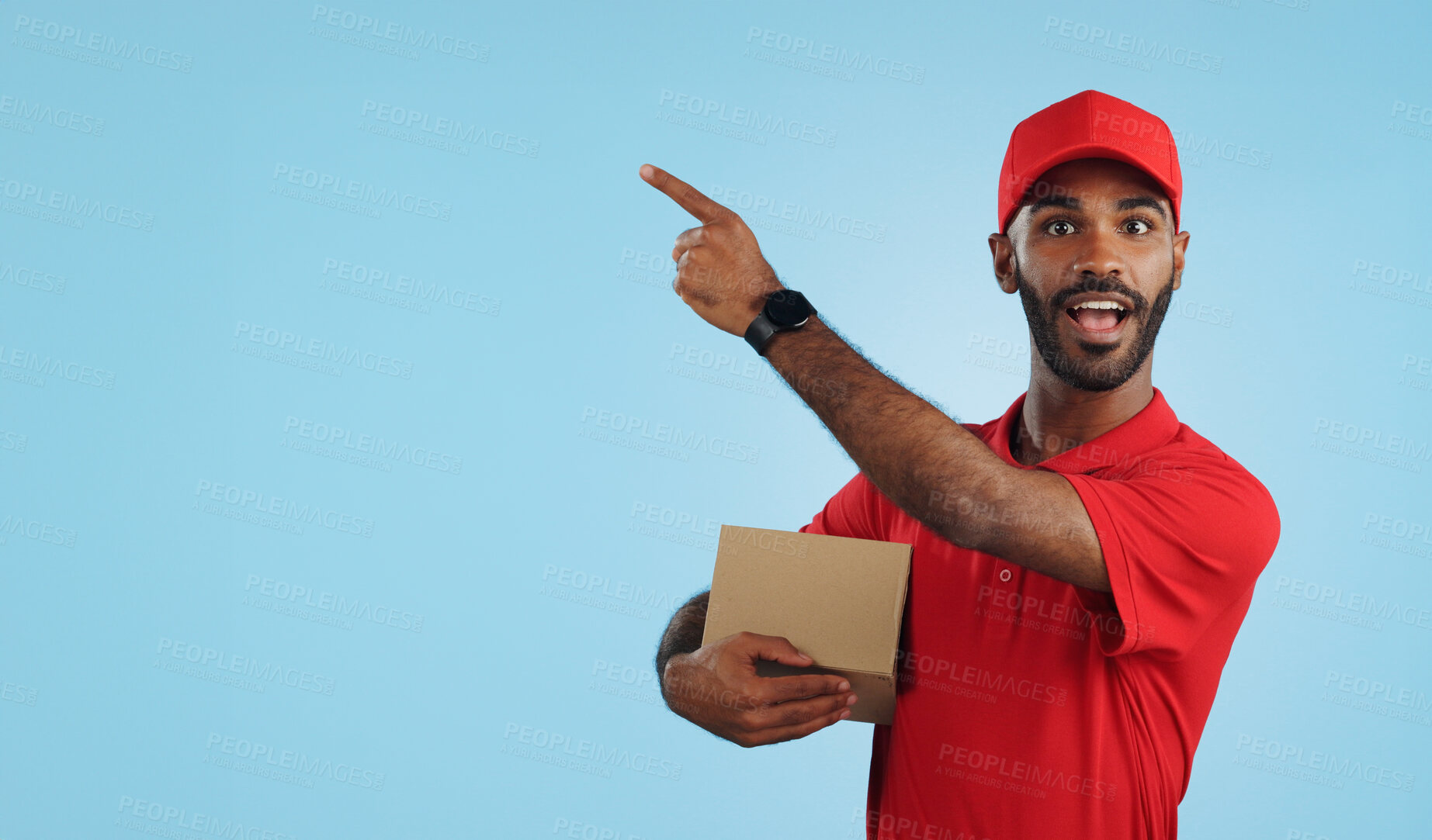 Buy stock photo Advertising studio smile, delivery man and point at supply chain commercial, discount export info or distribution schedule. Courier service deal, mockup space and portrait person on blue background