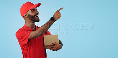 Advertising studio smile, delivery man and point at supply chain commercial, discount export info or distribution schedule. Courier service deal, mockup space and portrait person on blue background