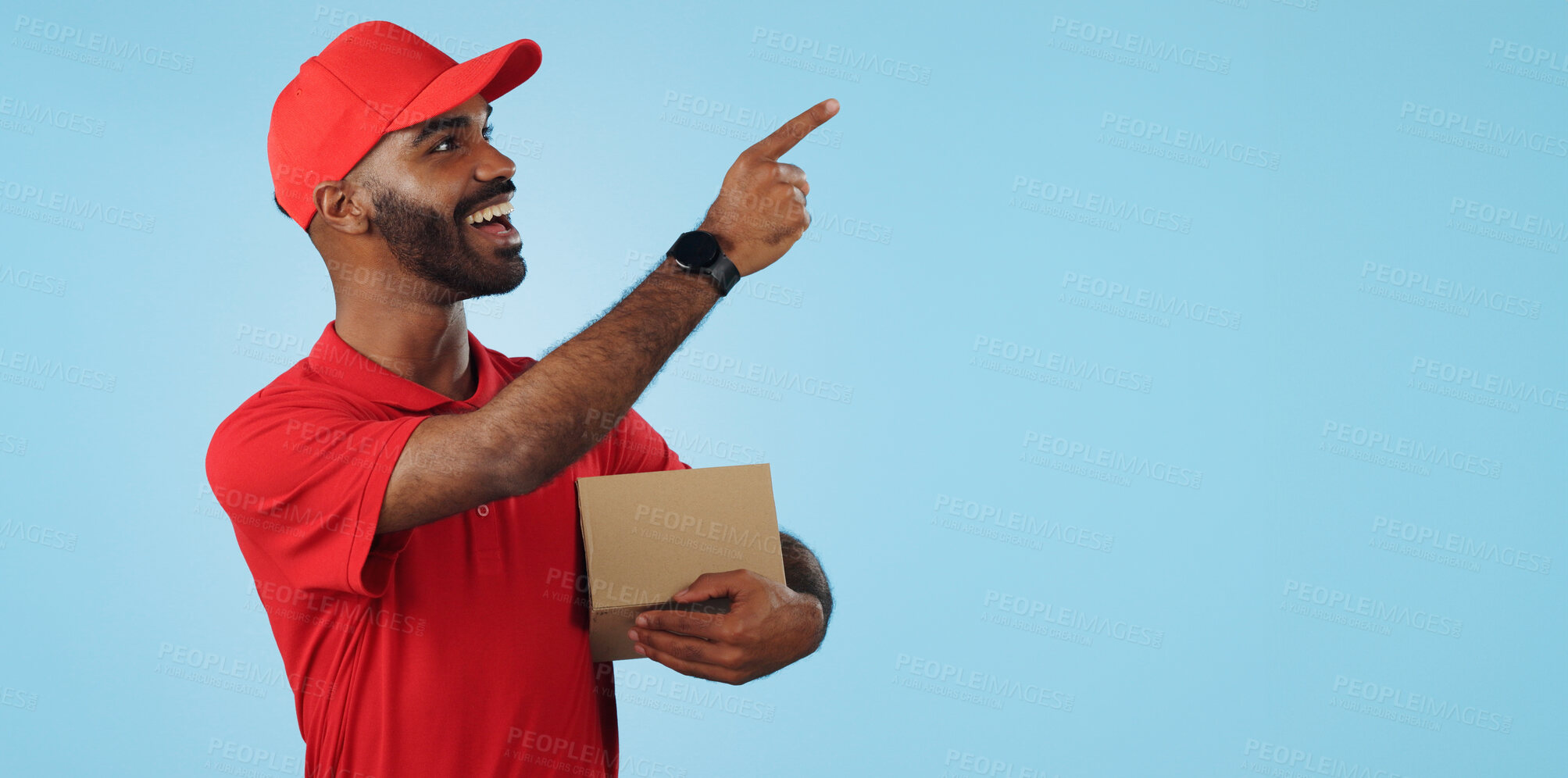 Buy stock photo Advertising studio smile, delivery man and point at supply chain commercial, discount export info or distribution schedule. Courier service deal, mockup space and portrait person on blue background