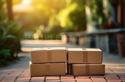 Package on table. Street in background. Delivery concept.