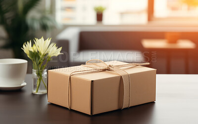 Package on table. lounge in background. Delivery concept.