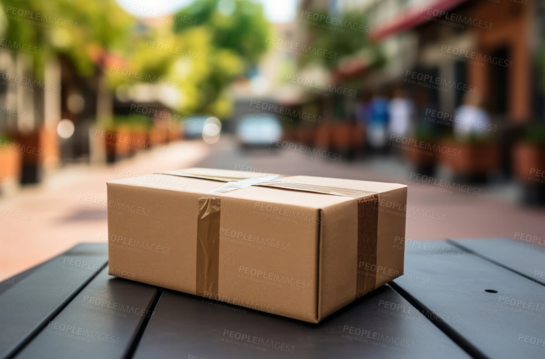 Buy stock photo Package seen on table against town street. Delivery concept.