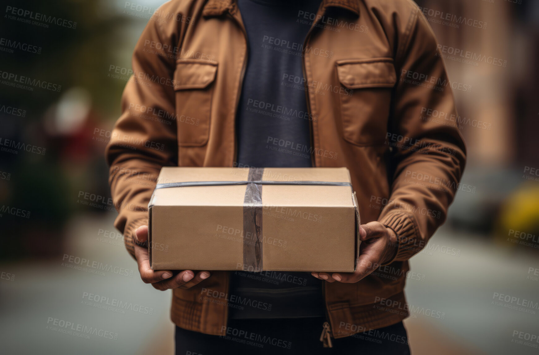 Buy stock photo Delivery man holding packages standing in street. Delivery concept.