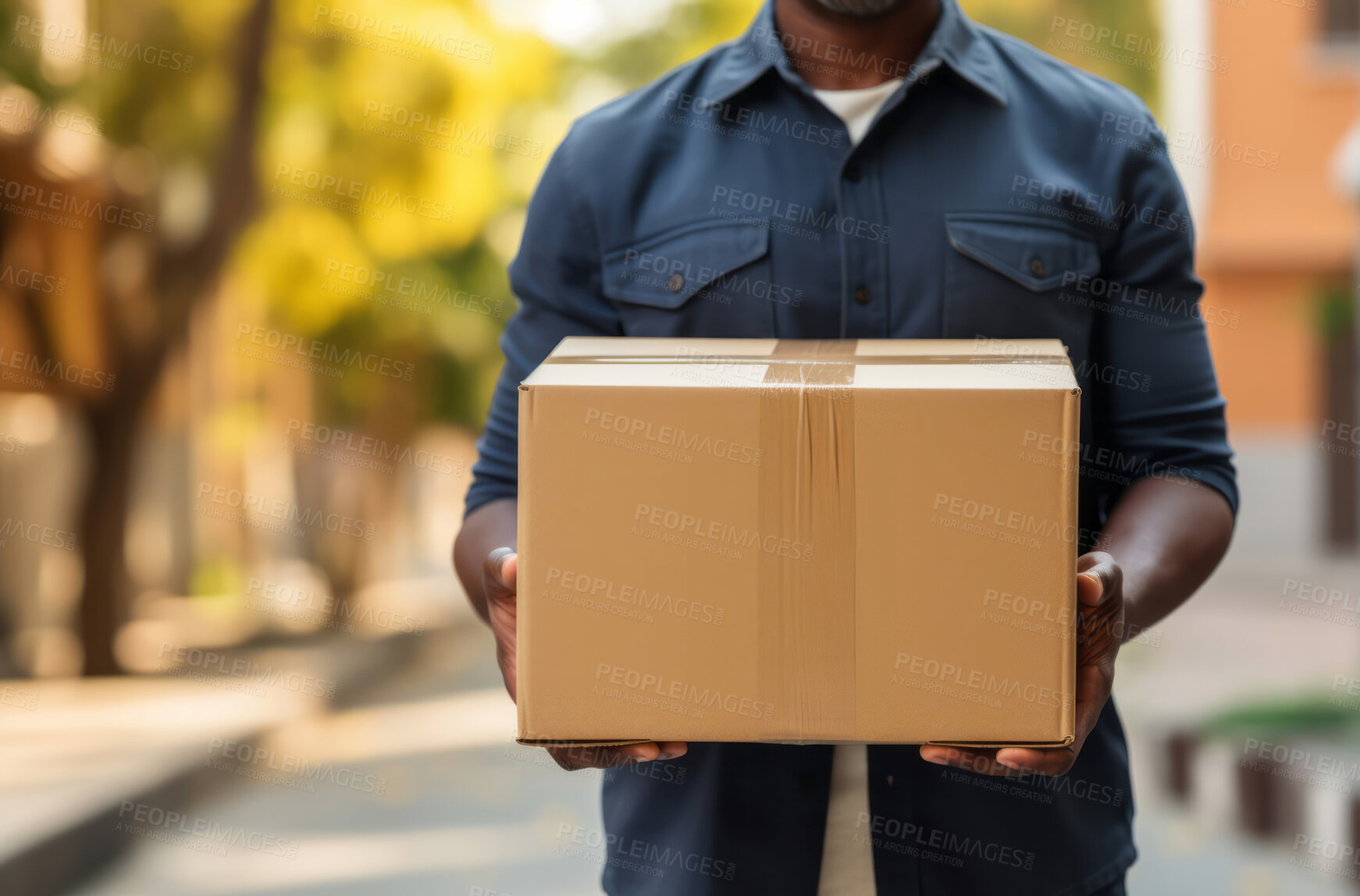 Buy stock photo Delivery man holding packages standing in street. Delivery concept.